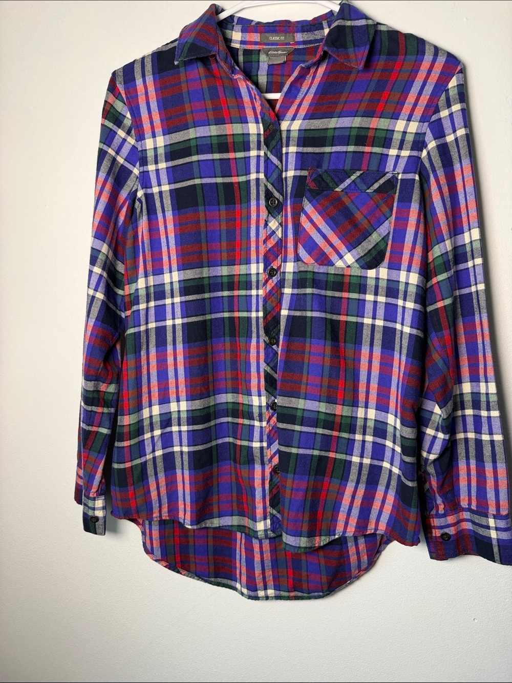 Eddie Bauer Plaid Button-Down Shirt in Purple, Red & Green XS